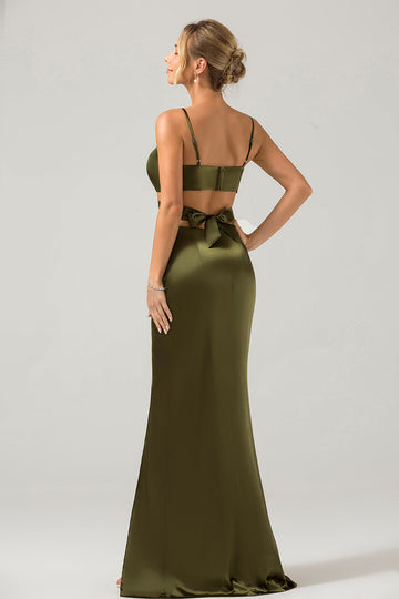 Olive Sheath Spaghetti Straps Cut Out Lang brudepigekjole med slids